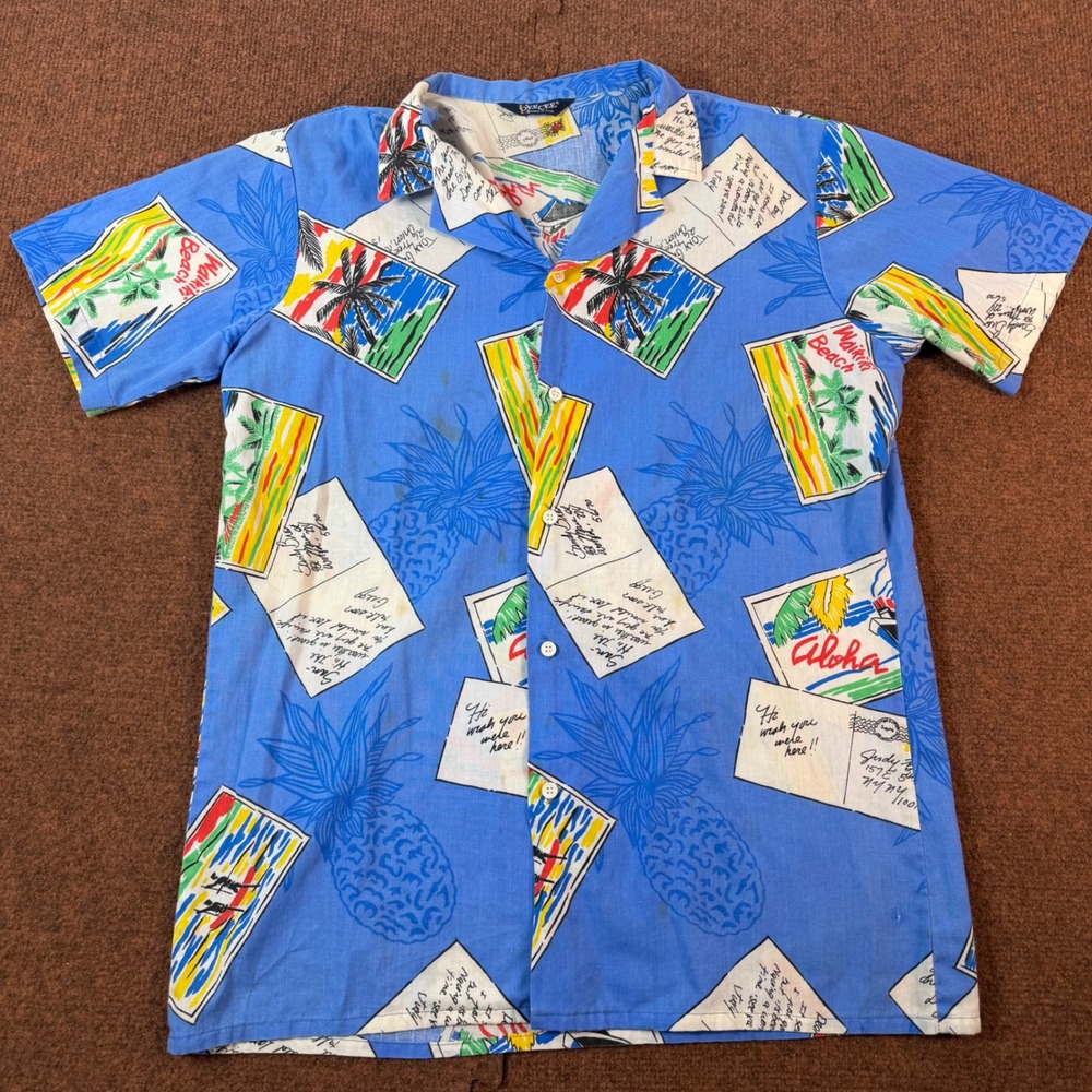 Vintage Dee Cee Postcard Print Hawaiian Shirt Blue Waikiki Beach Aloha USA Made